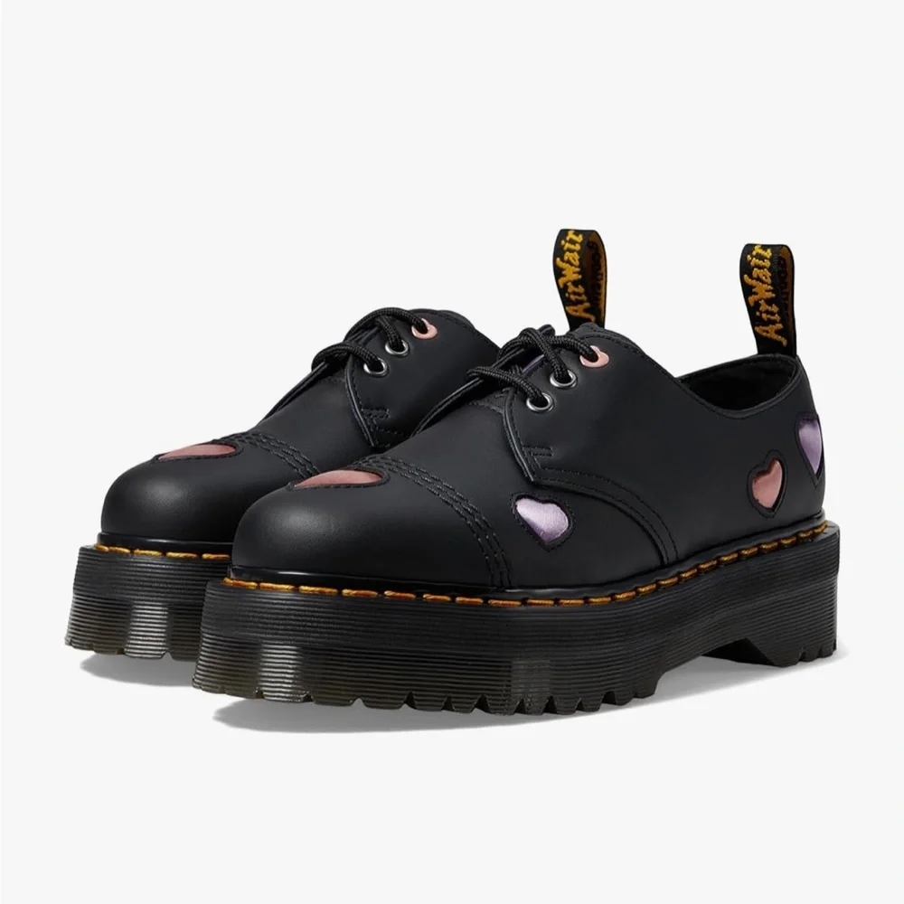 Dr. Martens Black Platform Oxfords with Pink Heart Accents - Picture 3 of 16